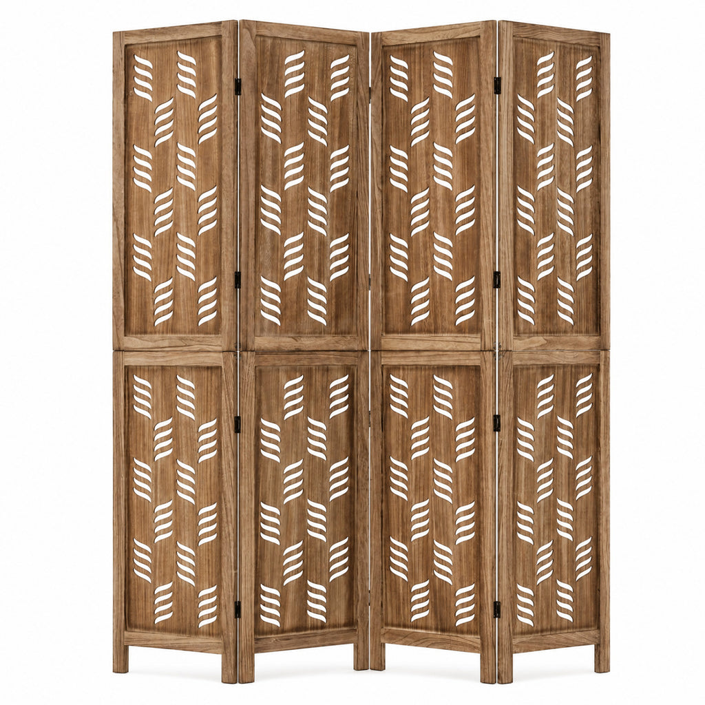 4-Panel Tall Room Divider with Wave Cutout & Paulownia Frame - Brown, 5.5FT