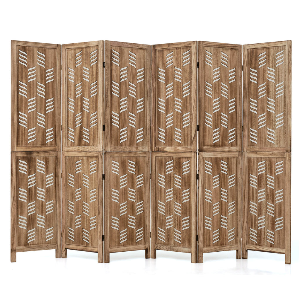 4-Panel Tall Room Divider with Wave Cutout & Paulownia Frame - Brown, 5.5FT