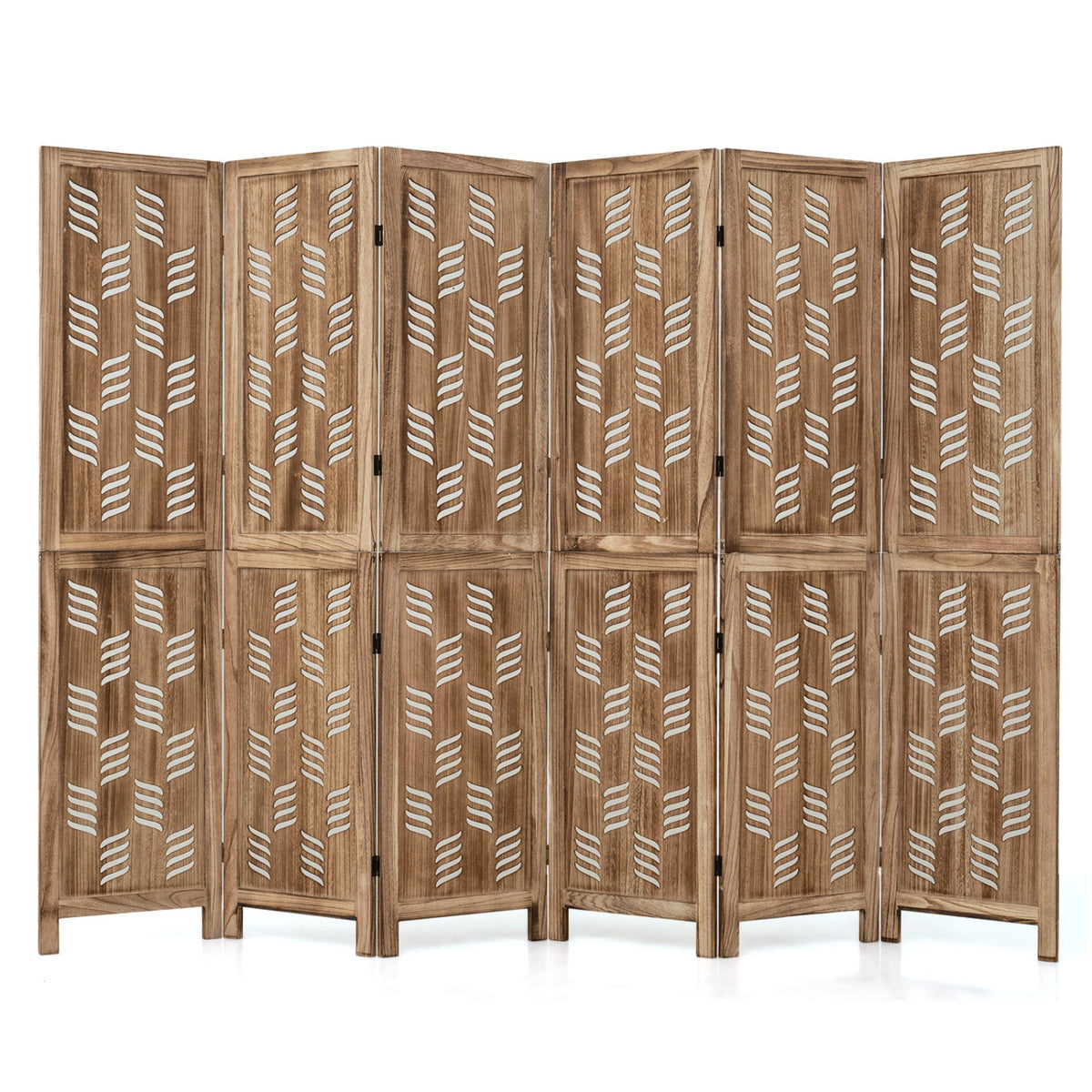 4-Panel Tall Room Divider with Wave Cutout & Paulownia Frame - Brown, 5.5FT