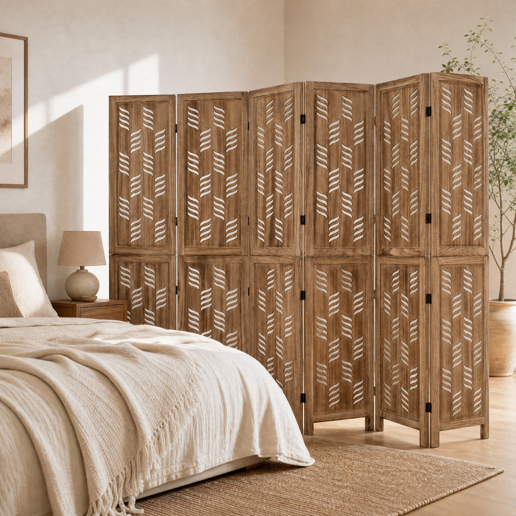 6-Panel Tall Room Divider with Wave Cutout & Paulownia Frame - Brown, 5.5 FT