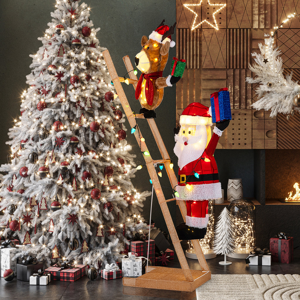 Fabric-Covered Santa Climbing Ladder with Reindeer Christmas Light Scene - 5.5 Feet