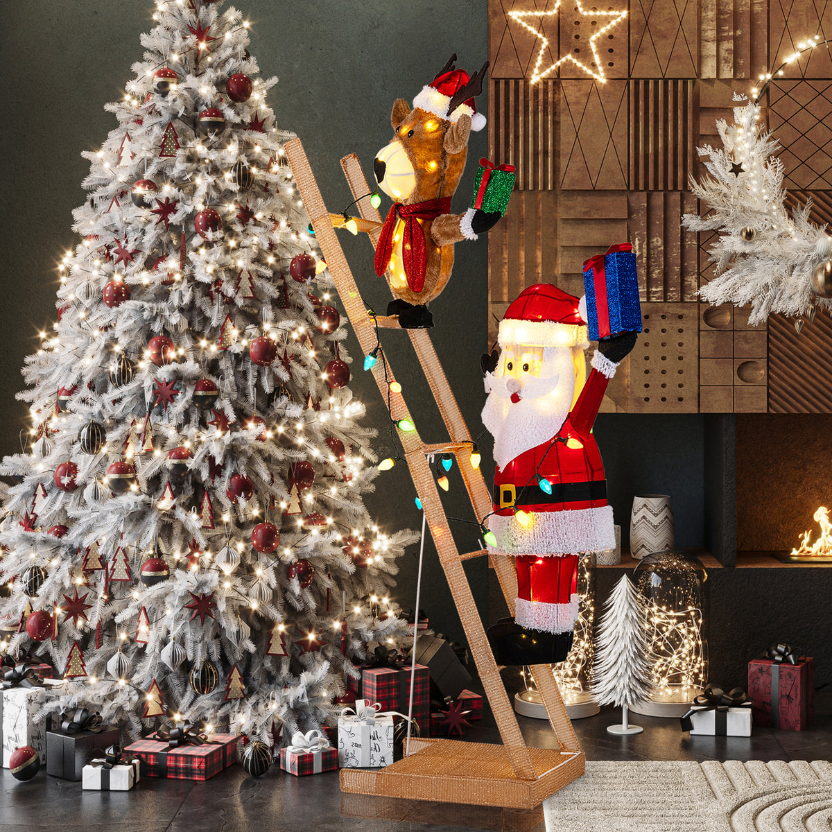 Fabric-Covered Santa Climbing Ladder with Reindeer Christmas Light Scene - 5.5 Feet