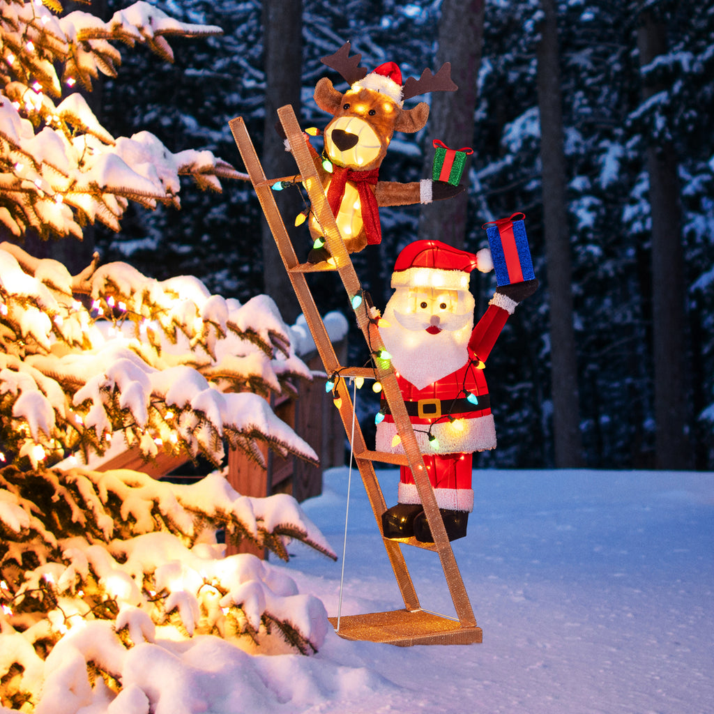 Fabric-Covered Santa Climbing Ladder with Reindeer Christmas Light Scene - 5.5 Feet