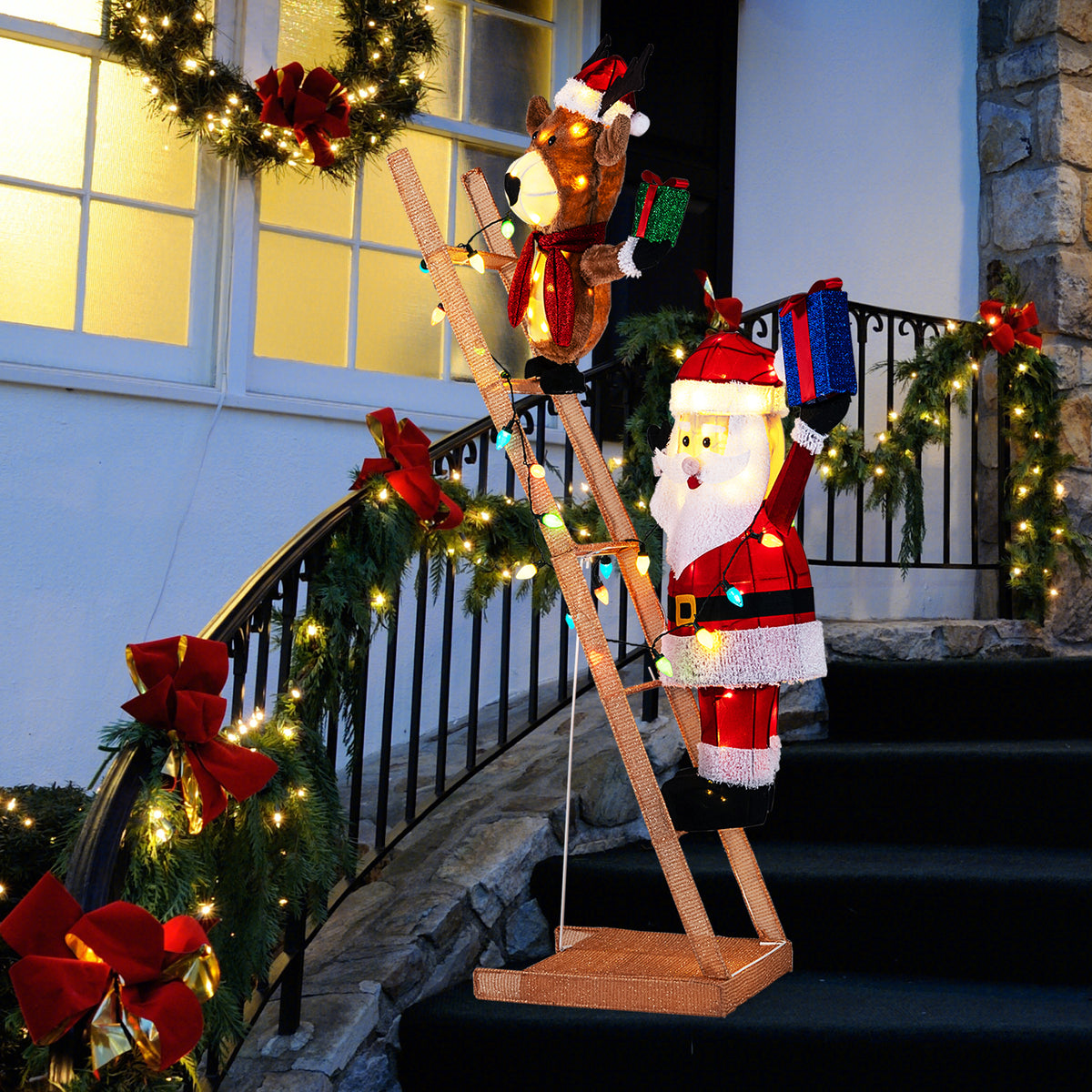 Fabric-Covered Santa Climbing Ladder with Reindeer Christmas Light Scene - 5.5 Feet
