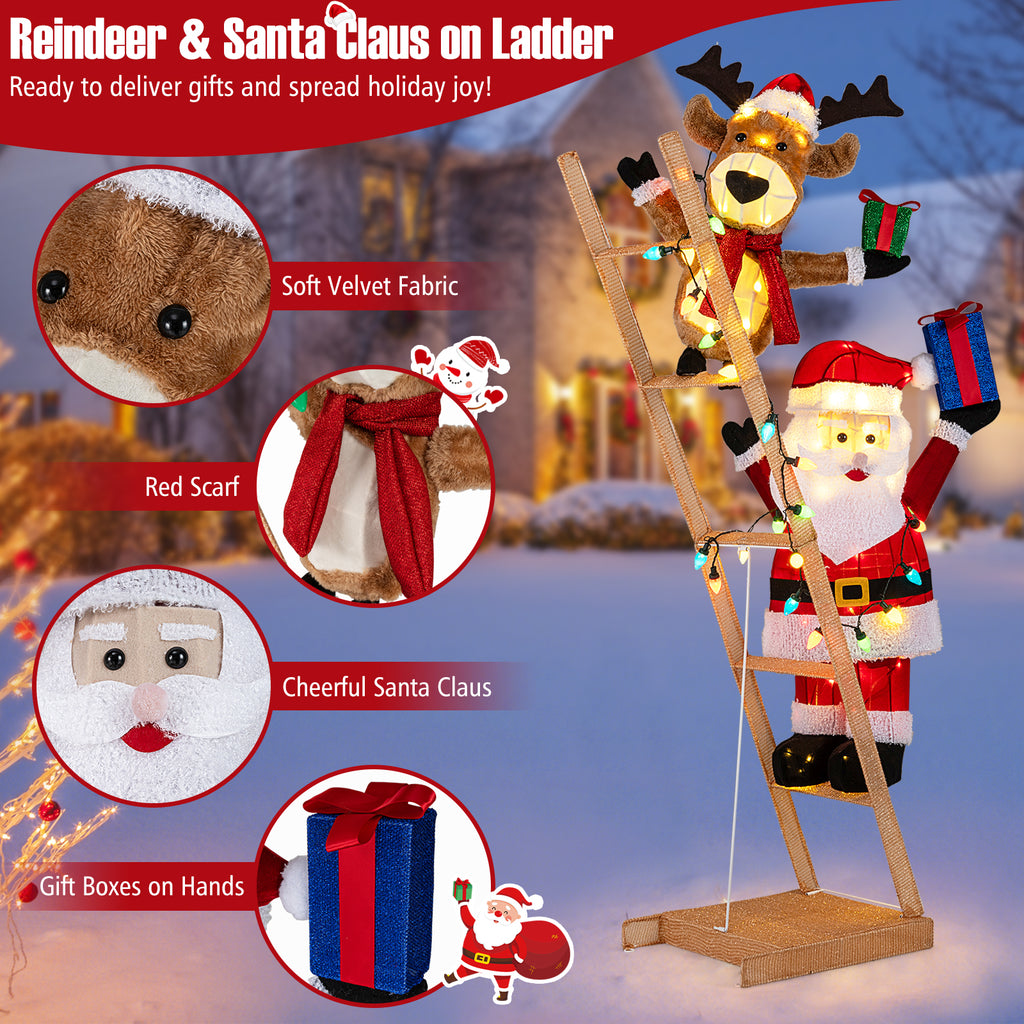 Fabric-Covered Santa Climbing Ladder with Reindeer Christmas Light Scene - 5.5 Feet