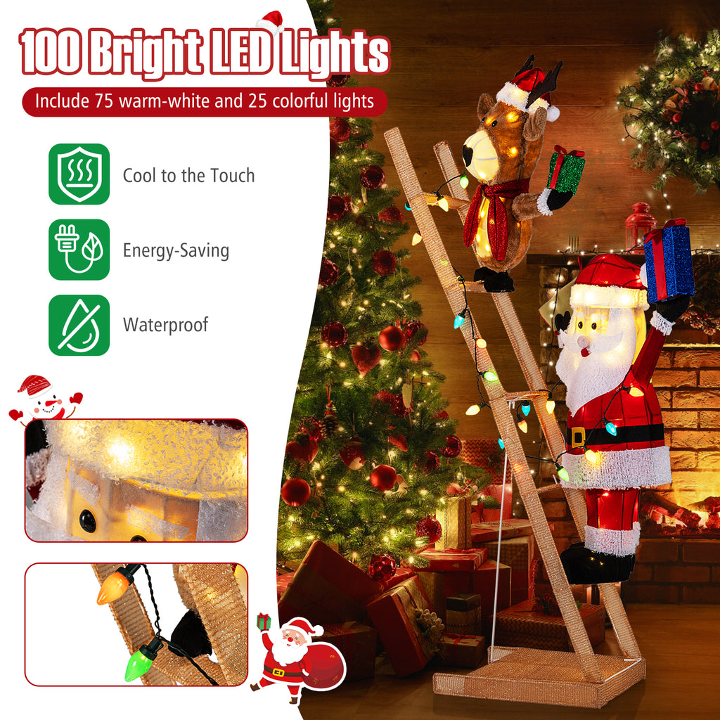 Fabric-Covered Santa Climbing Ladder with Reindeer Christmas Light Scene - 5.5 Feet