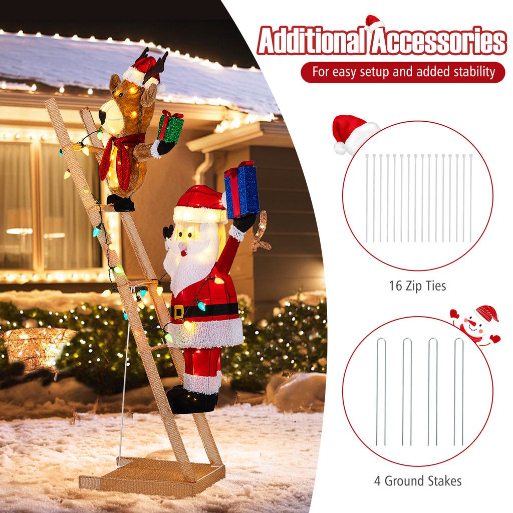 Fabric-Covered Santa Climbing Ladder with Reindeer Christmas Light Scene - 5.5 Feet
