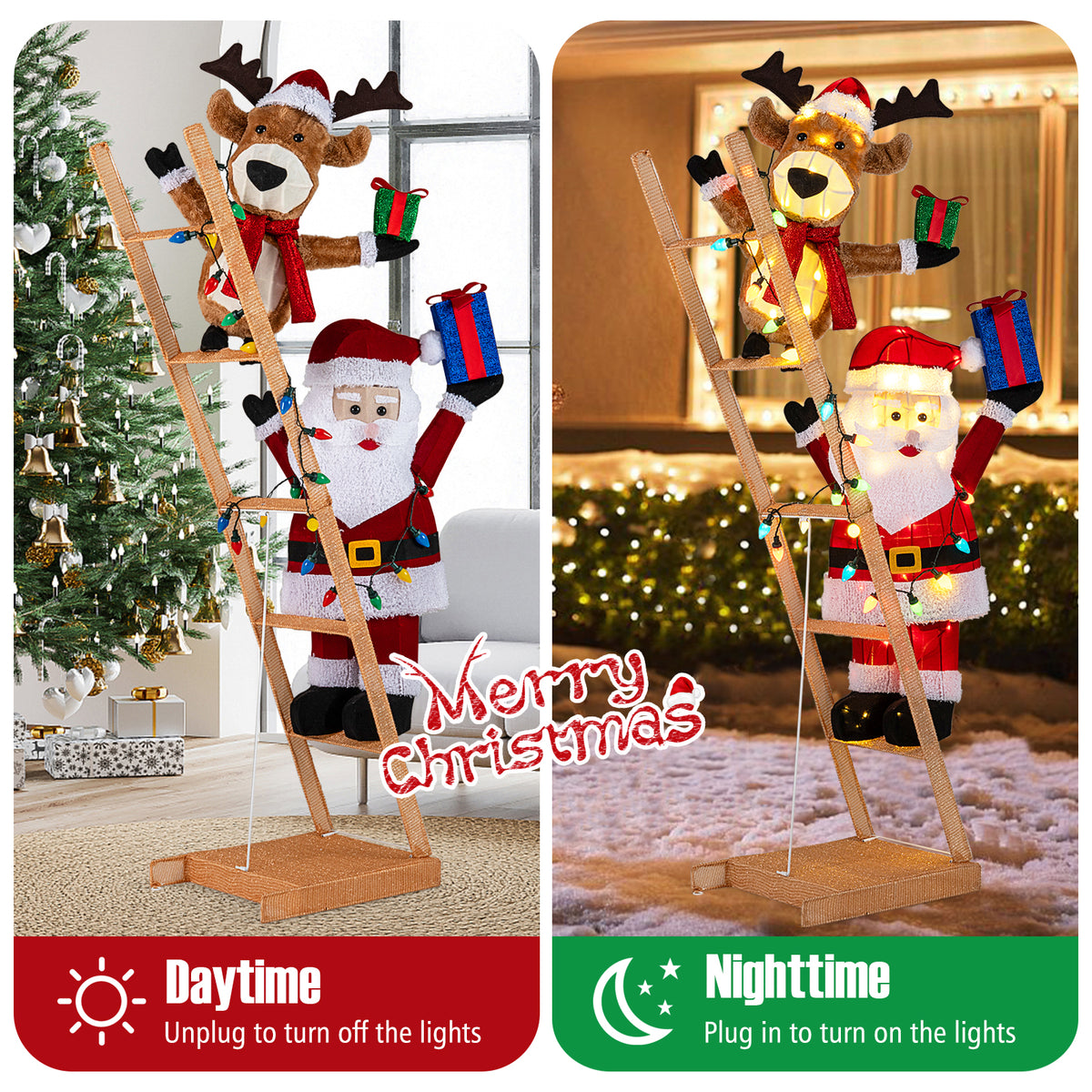 Fabric-Covered Santa Climbing Ladder with Reindeer Christmas Light Scene - 5.5 Feet