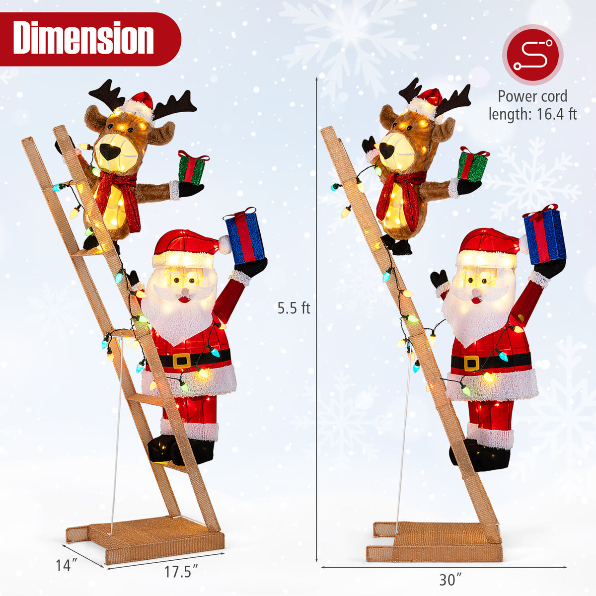 Fabric-Covered Santa Climbing Ladder with Reindeer Christmas Light Scene - 5.5 Feet