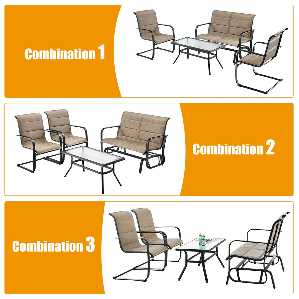 4 Pieces Outdoor Patio Furniture Set with Padded Glider Loveseat and