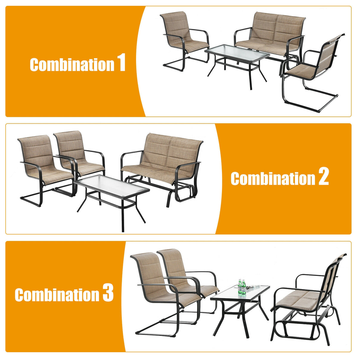 4 Pieces Outdoor Patio Furniture Set with Padded Glider Loveseat and
