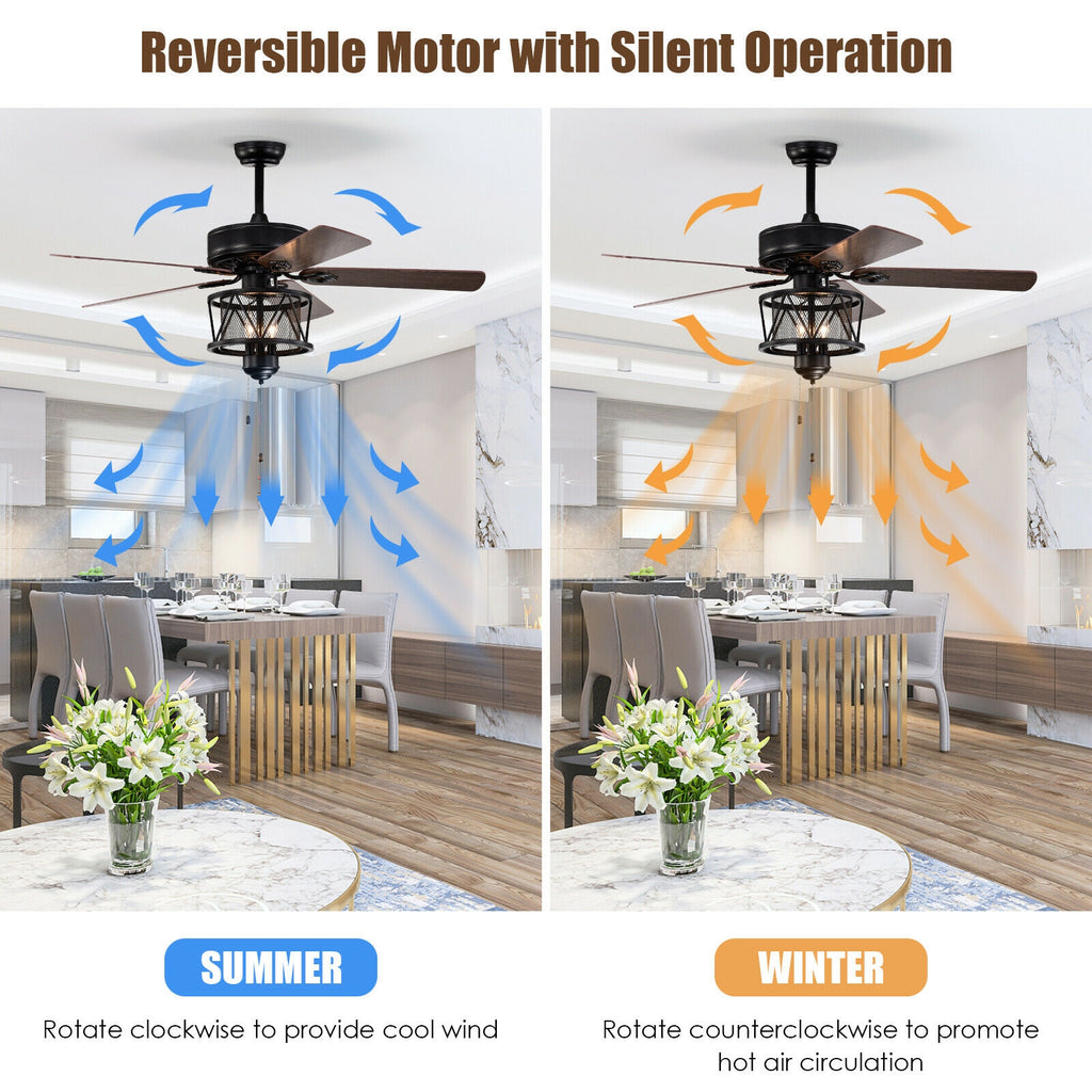 Black 50-Inch Ceiling Fan with Lights Reversible Blades & Pull Chain