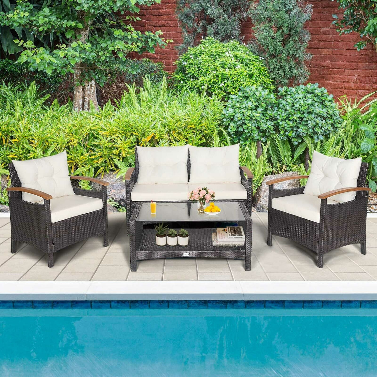 4 Pieces Patio Rattan Furniture Set with Cushioned Sofa and Storage