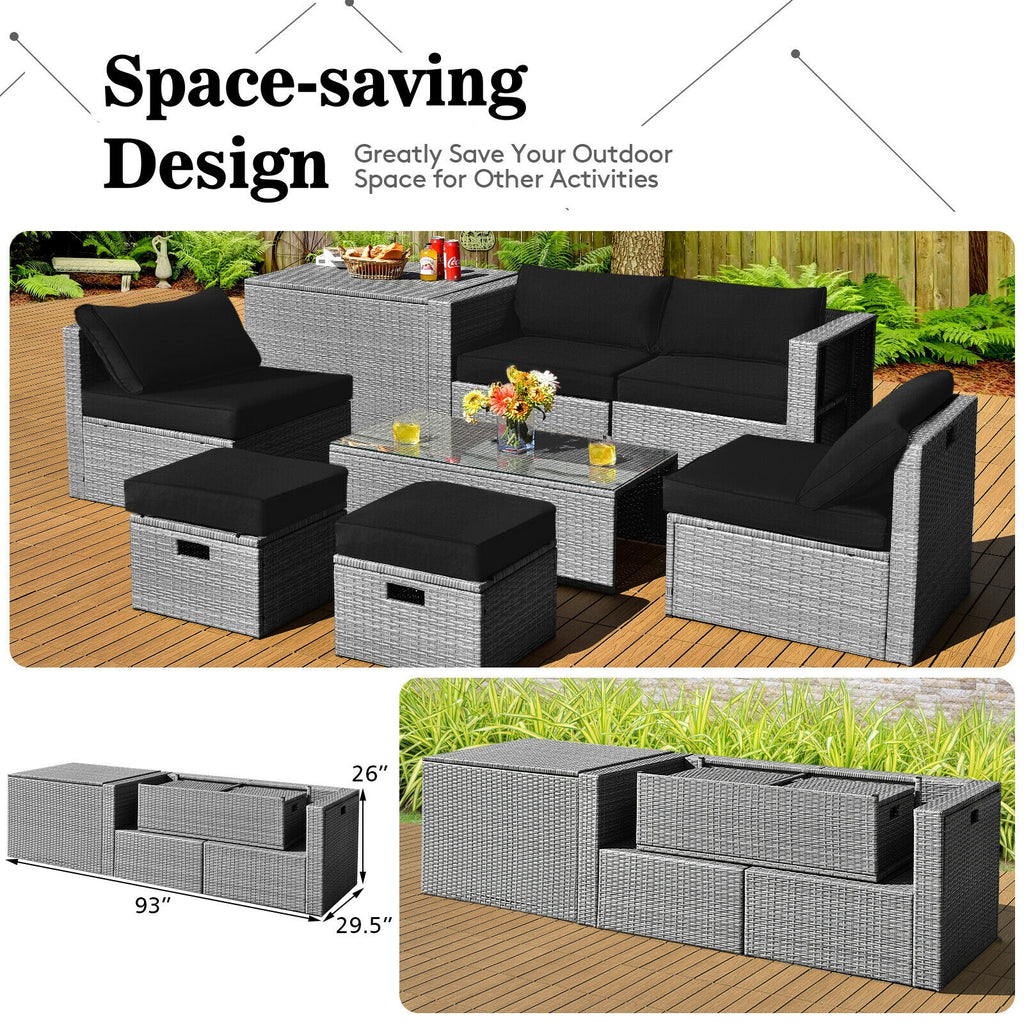 8 Pieces Patio Rattan Furniture Set with Storage Waterproof Cover and