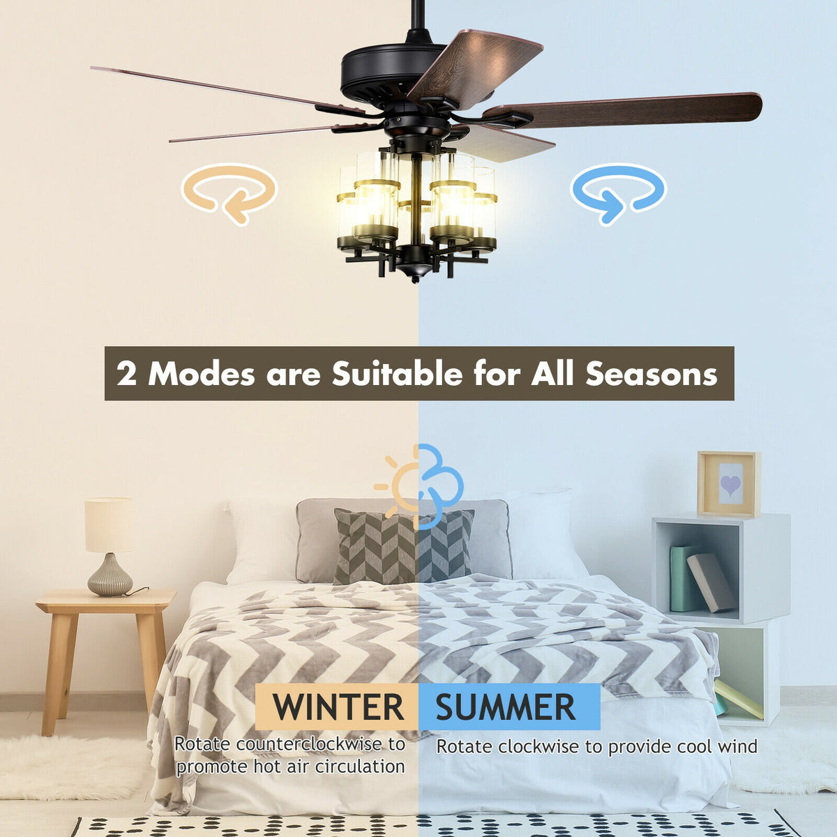 50 Inch Noiseless Ceiling Fan Light with Explosion-Proof Glass Shades - Black Variation