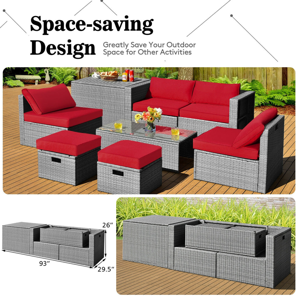 8-Piece Patio Rattan Furniture Set with Storage - Gray Rattan, Red