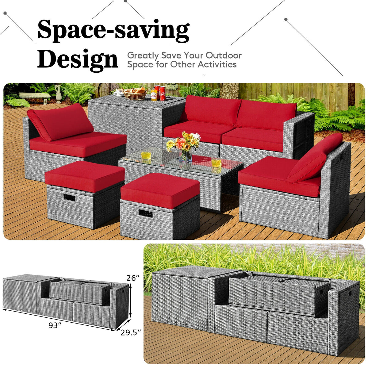 8-Piece Patio Rattan Furniture Set with Storage - Gray Rattan, Red