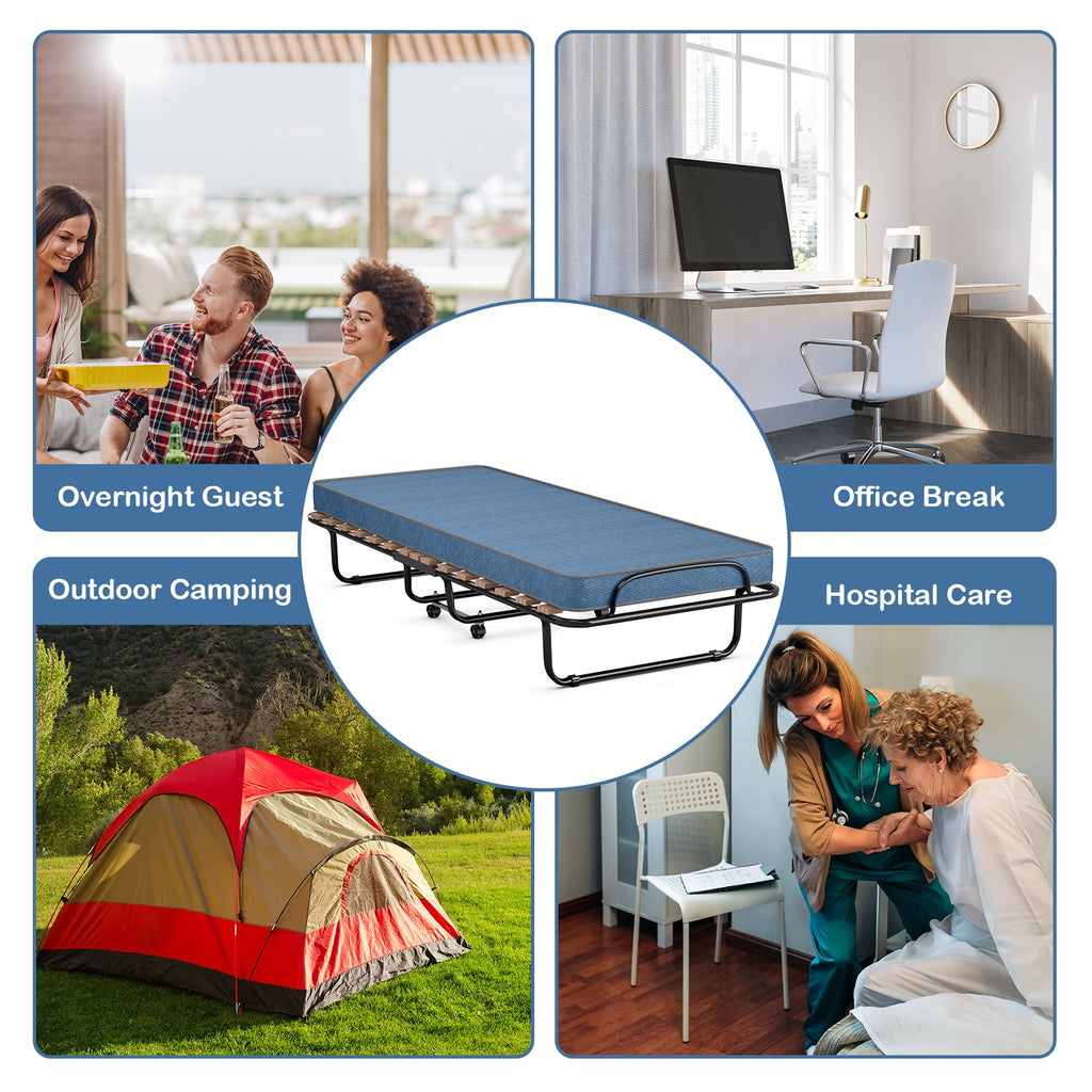 Portable Folding Bed with Memory Foam Mattress – Navy, 440lbs Capacity