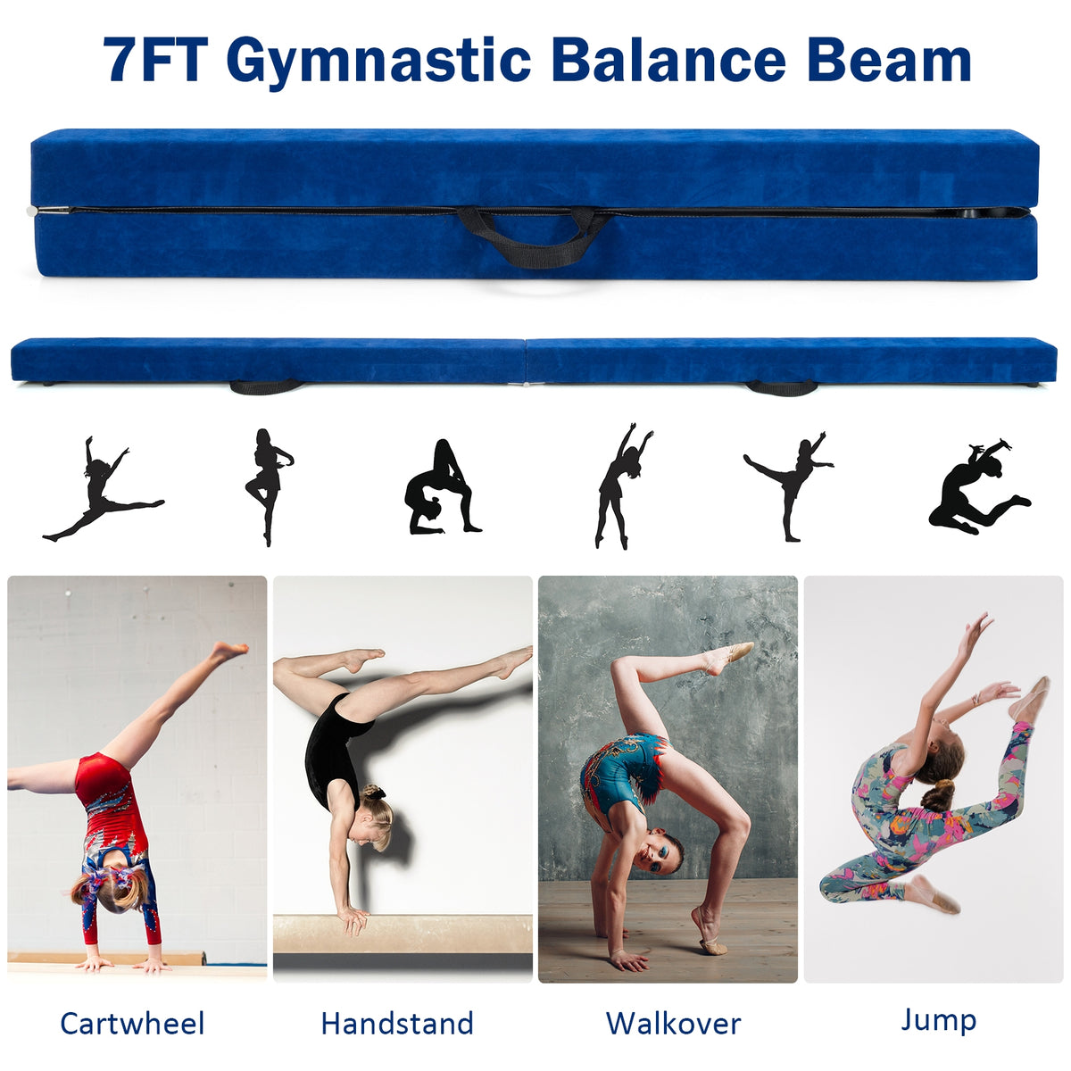 7 Feet Folding Portable Floor Balance Beam with Handles - Blue for Gymnastics