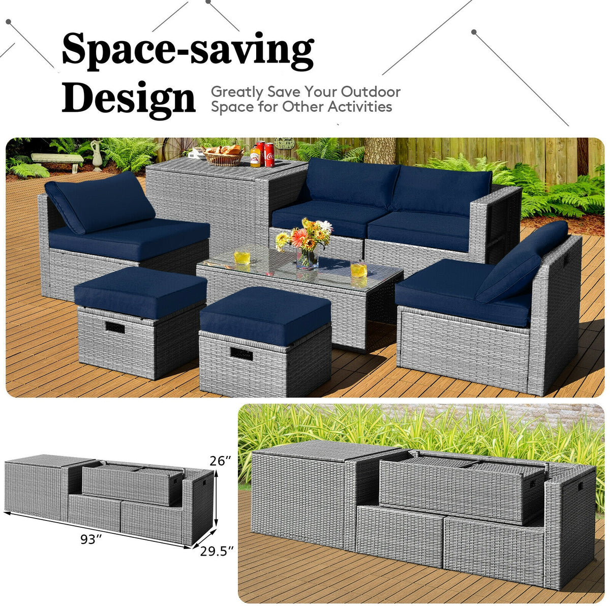 8-Piece Patio Rattan Furniture Set with Cushions & Cover - Gray, Navy
