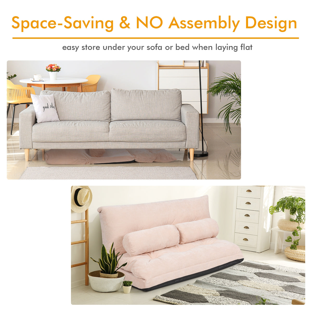6-Position Adjustable Sleeper Lounge Couch with 2 Pillows - Beige
