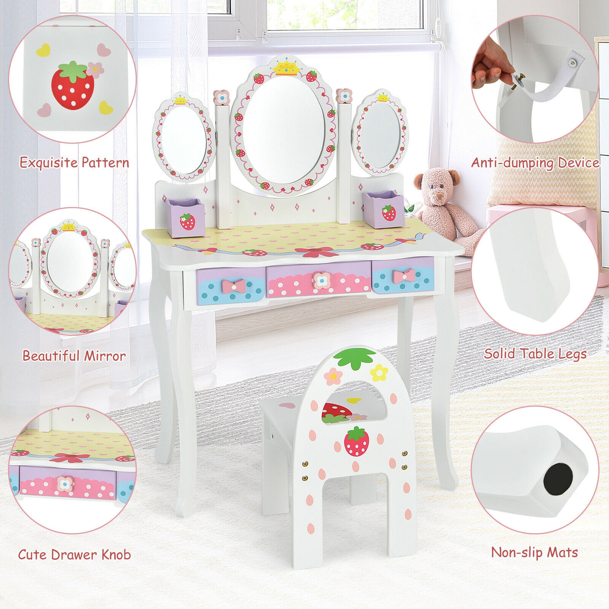 Kids Vanity Set with Tri-Fold Mirror and Chair - White, Detachable Top