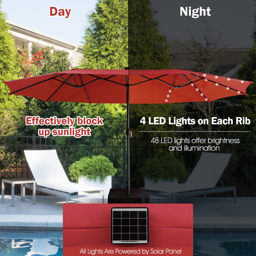 15 Feet Twin Patio Umbrella with 48 Solar LED Lights - Dark Red