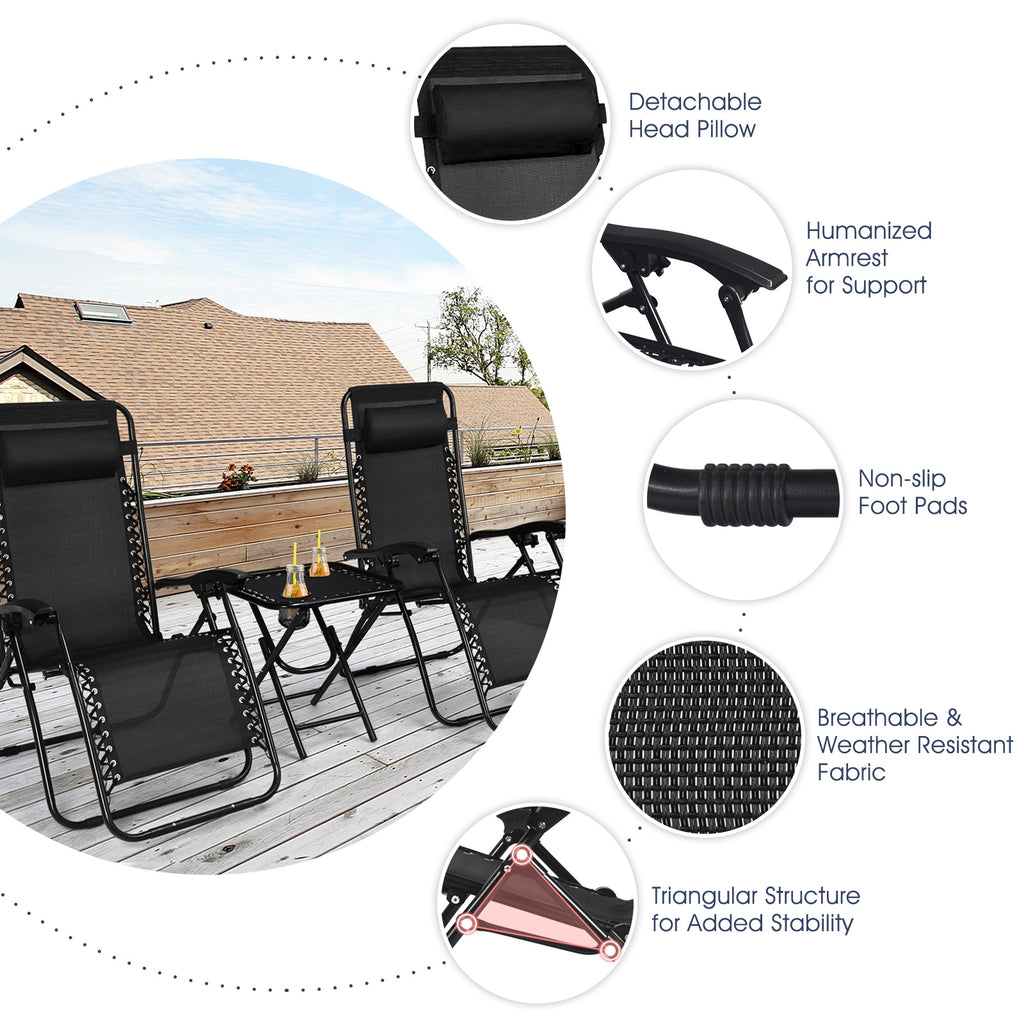 3 Pieces Folding Portable Zero Gravity Reclining Lounge Chairs Table