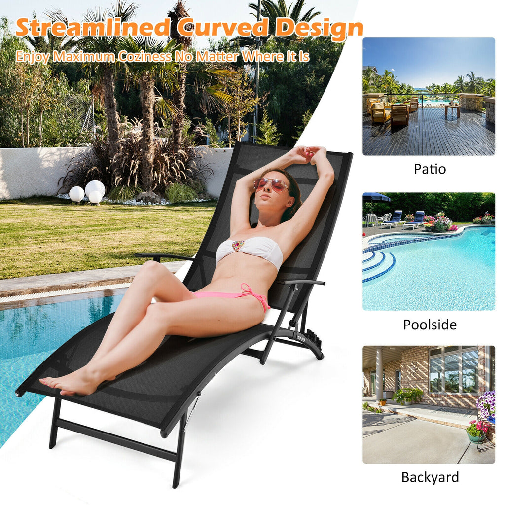 Patio Folding Stackable Chaise Lounge Chair with Armrest - Black