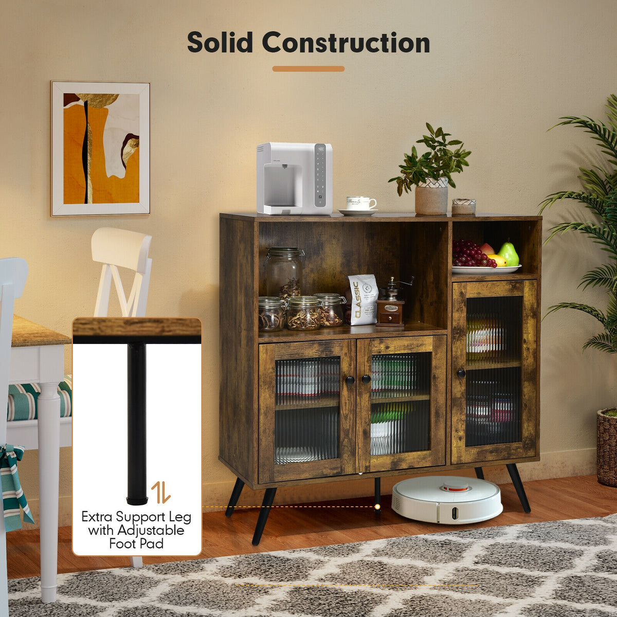 Industrial Buffet Storage Cabinet with Glass Door - Rustic Brown