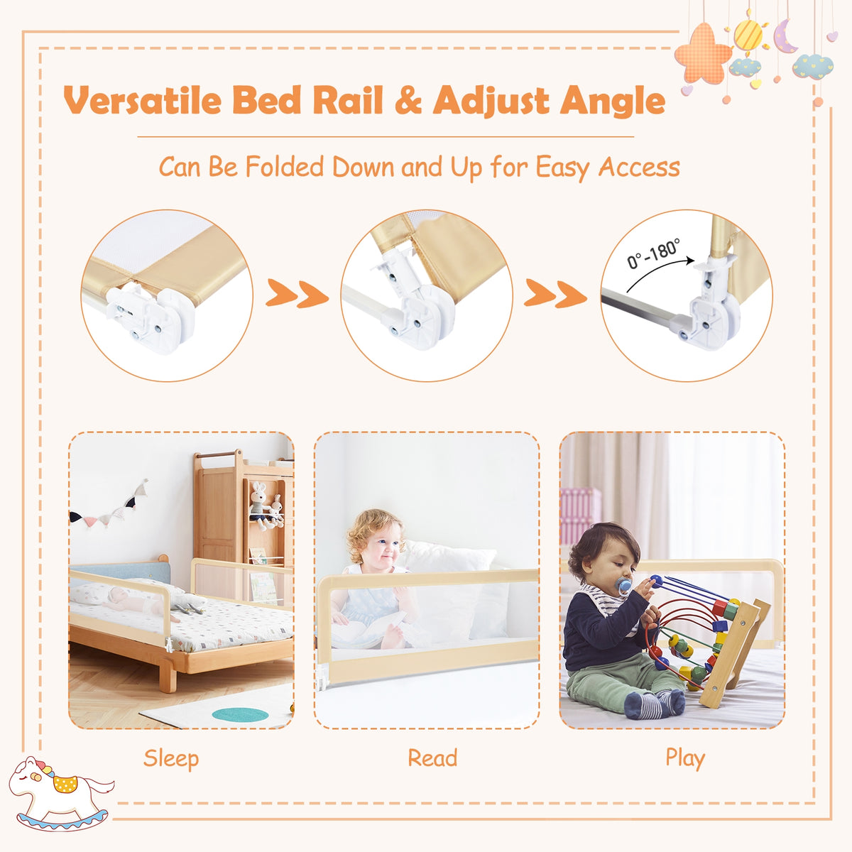 59 Inch Folding Baby Bed Rail Guard with Safety Strap - Beige, Breathable Mesh
