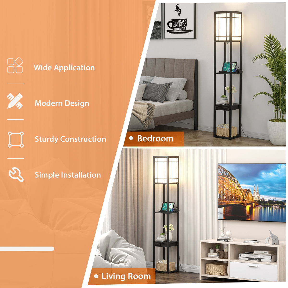 Modern Floor Lamp with Shelves Drawer USB Charging Outlet White Lampshade