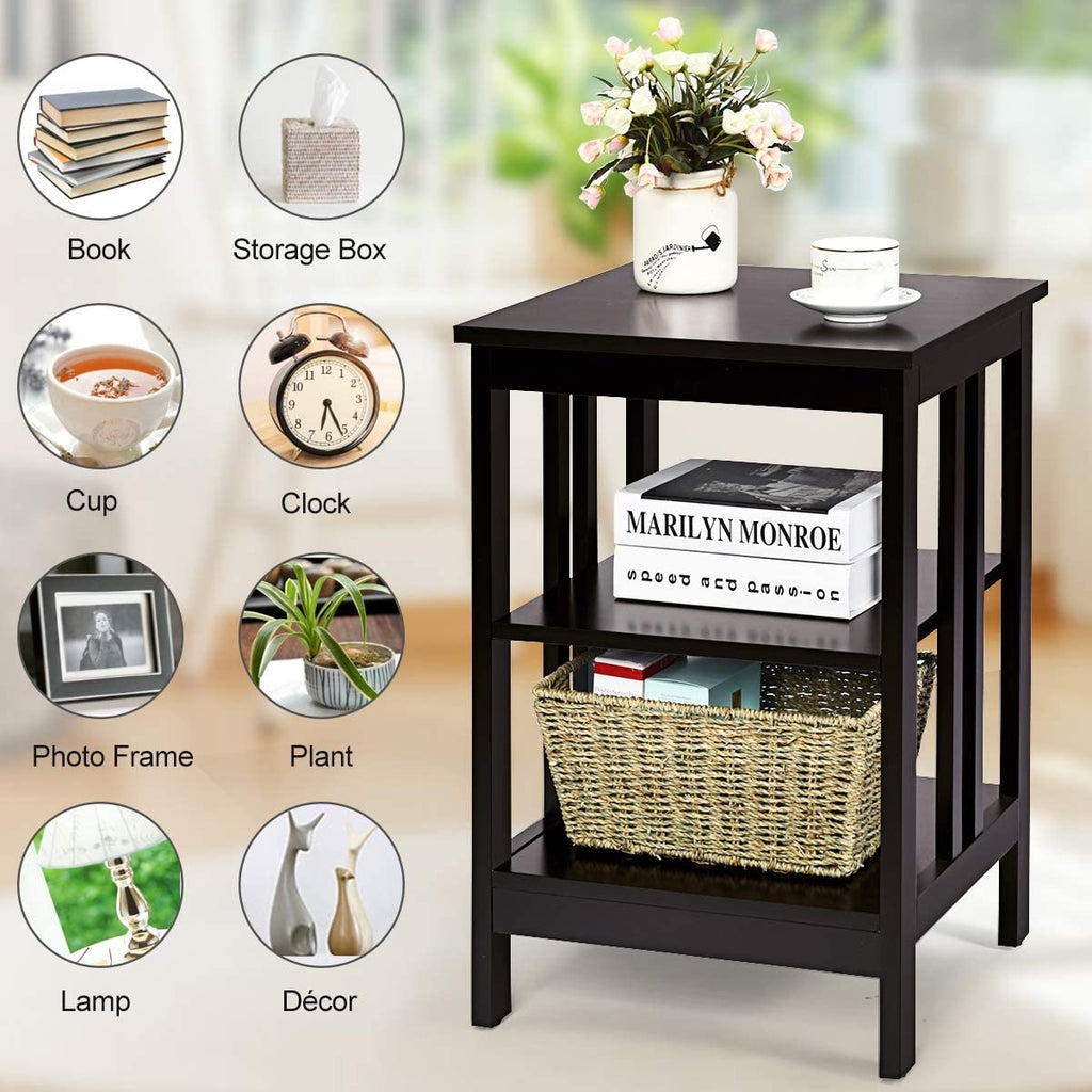 3-Tier Nightstand Set of 2, Dark Brown - Style B