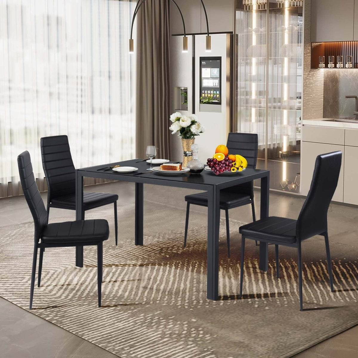 Leather Dining Chairs Set of 4 with Metal Frame - Horizontal Stripes