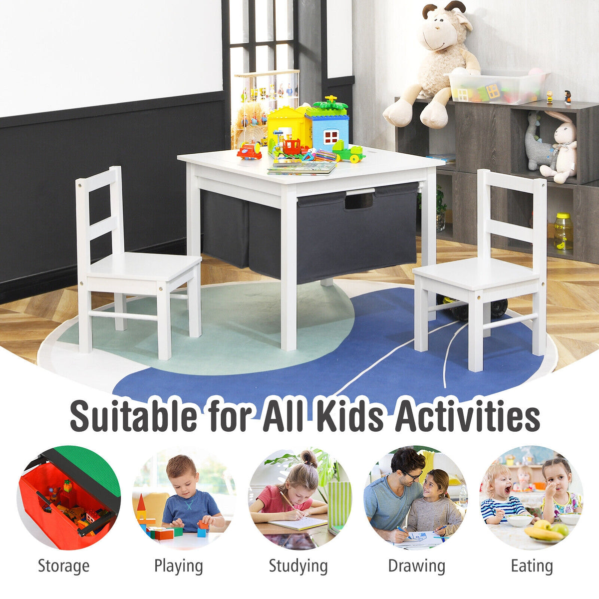 White 2-in-1 Kids Double-Sided Activity Building Block Table with Drawers
