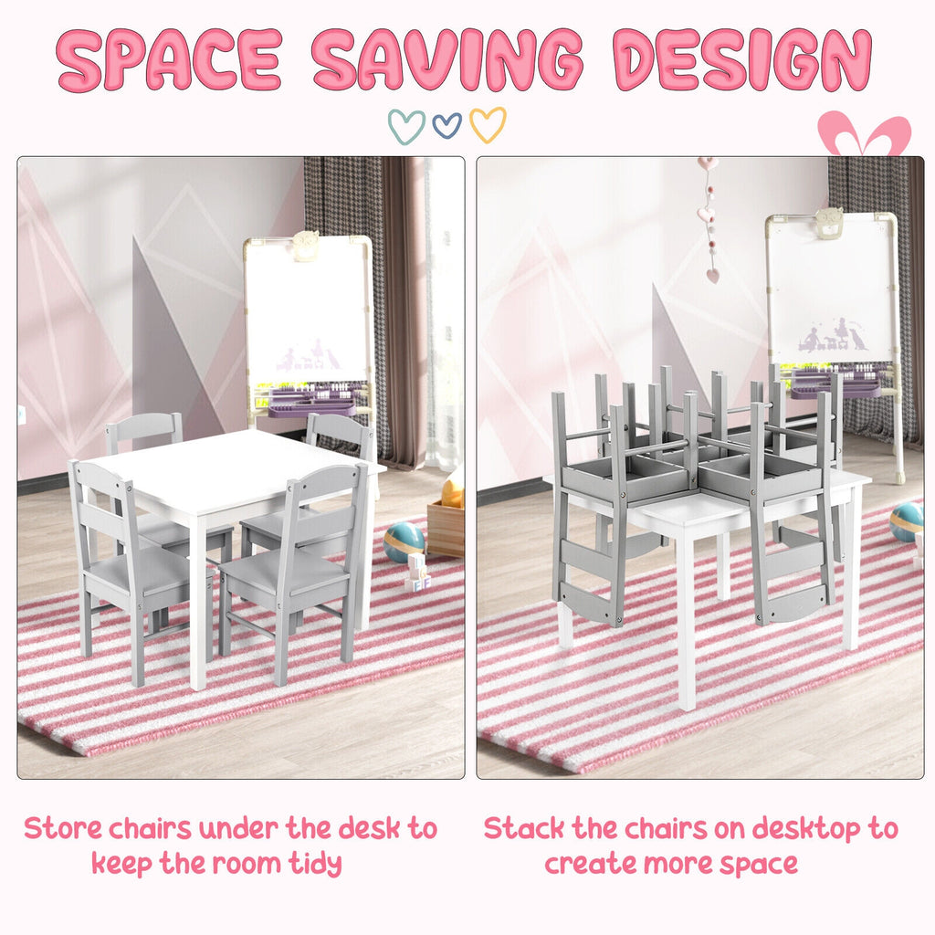 Kids Wooden 5-Piece Table and Chair Set - Rectangular White Playroom Furniture