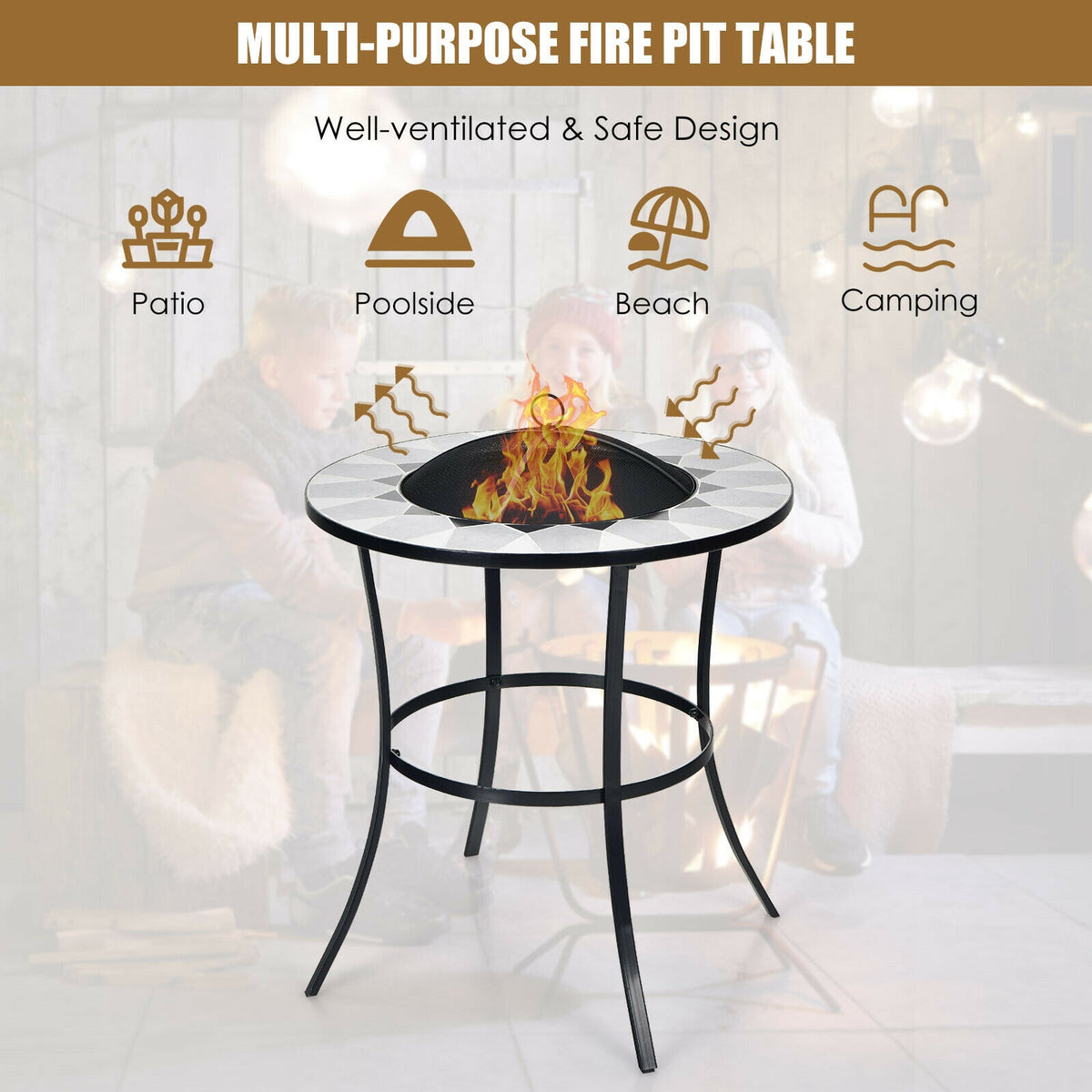 23.5 Inches Round Fire Pit Table with Mesh Cover and Poker