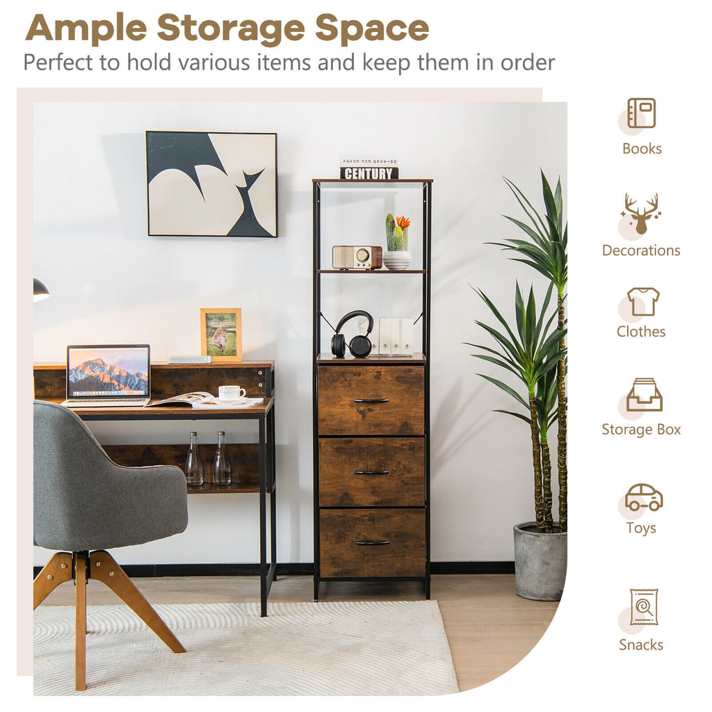 Tall Storage Rack Bookshelf with 3 Folding Drawers and Shelves