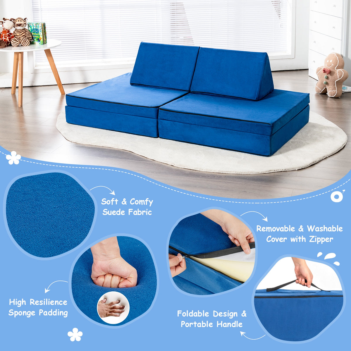 Girls Boys Modular Sofa Play Couch Set with 2 Folding Mats & 2 Triangular Pillows - Blue, 4 Pieces