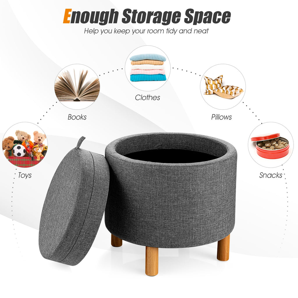 Round Fabric Storage Ottoman with Tray, Gray
