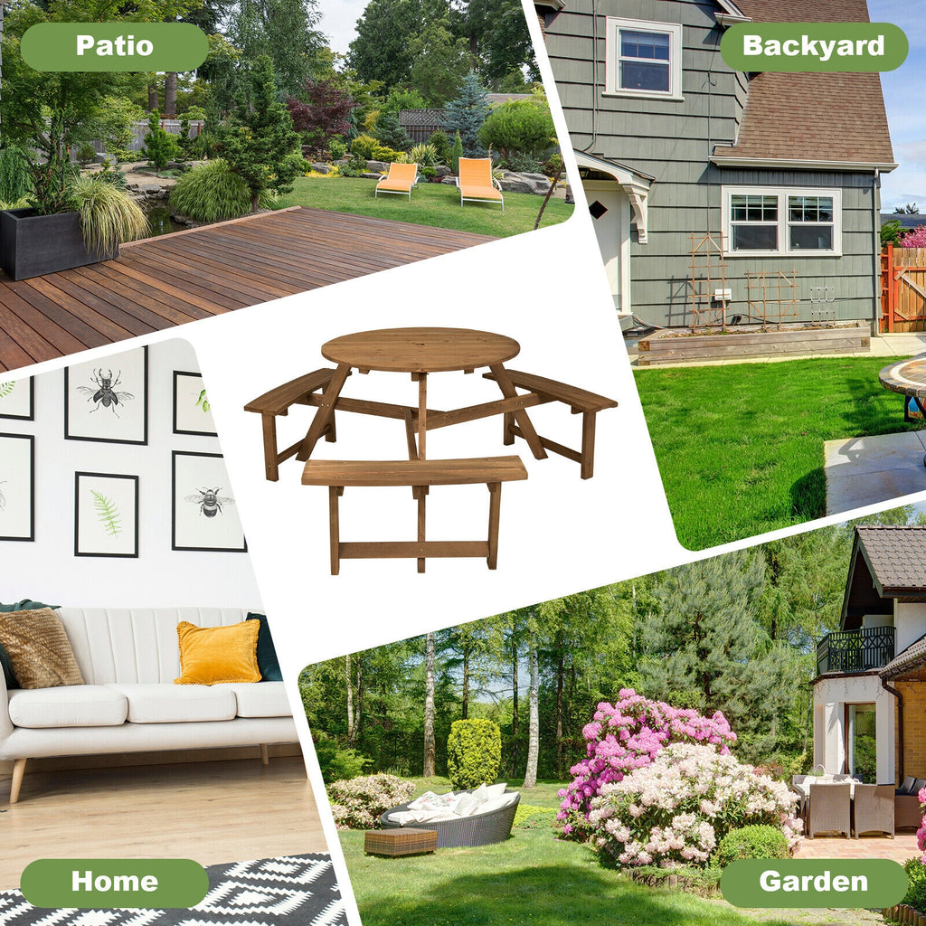 6-person Round Wooden Picnic Table with Umbrella Hole and 3 Built-in