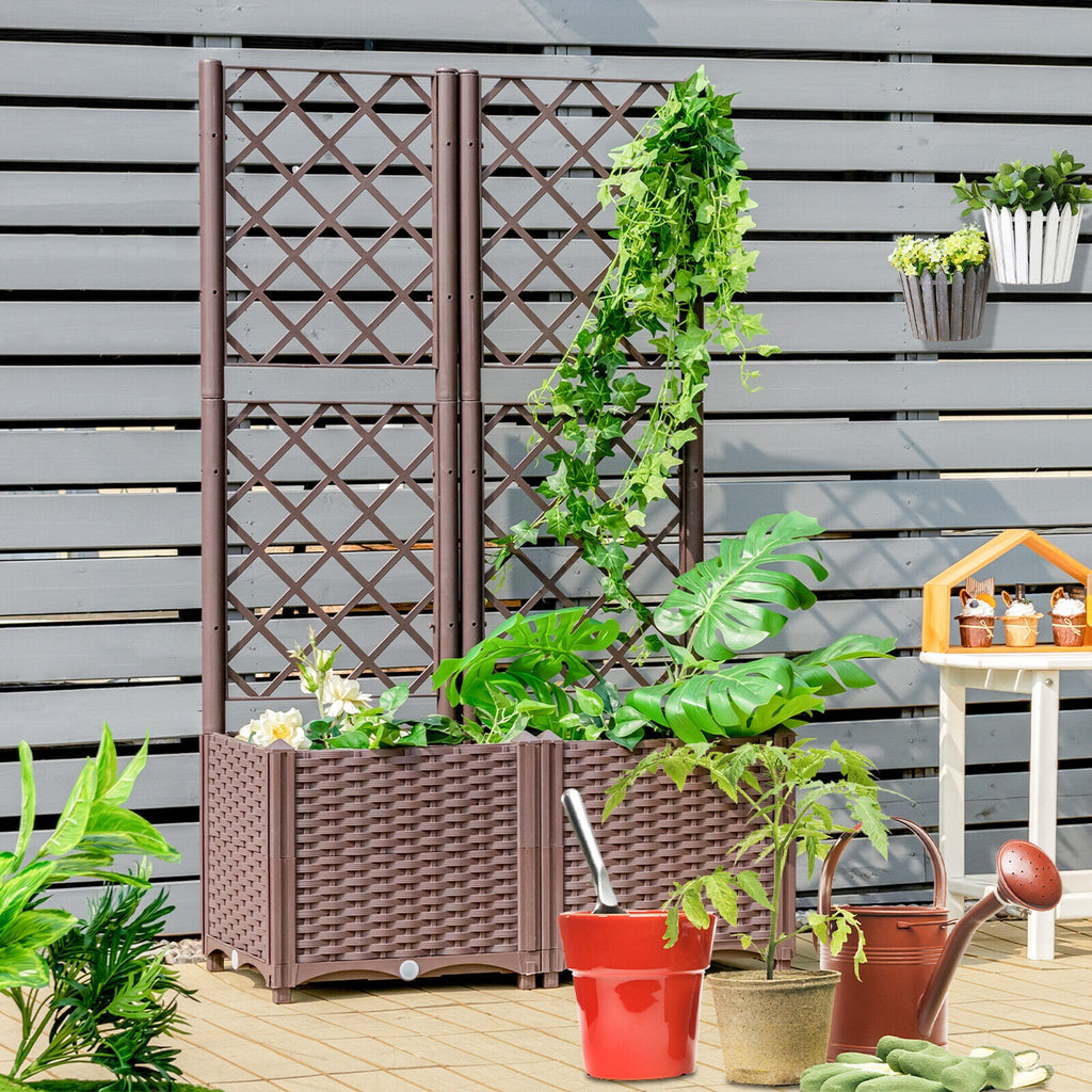 Rattan Raised Garden Bed Planter with Trellis - Double Boxes, Brown