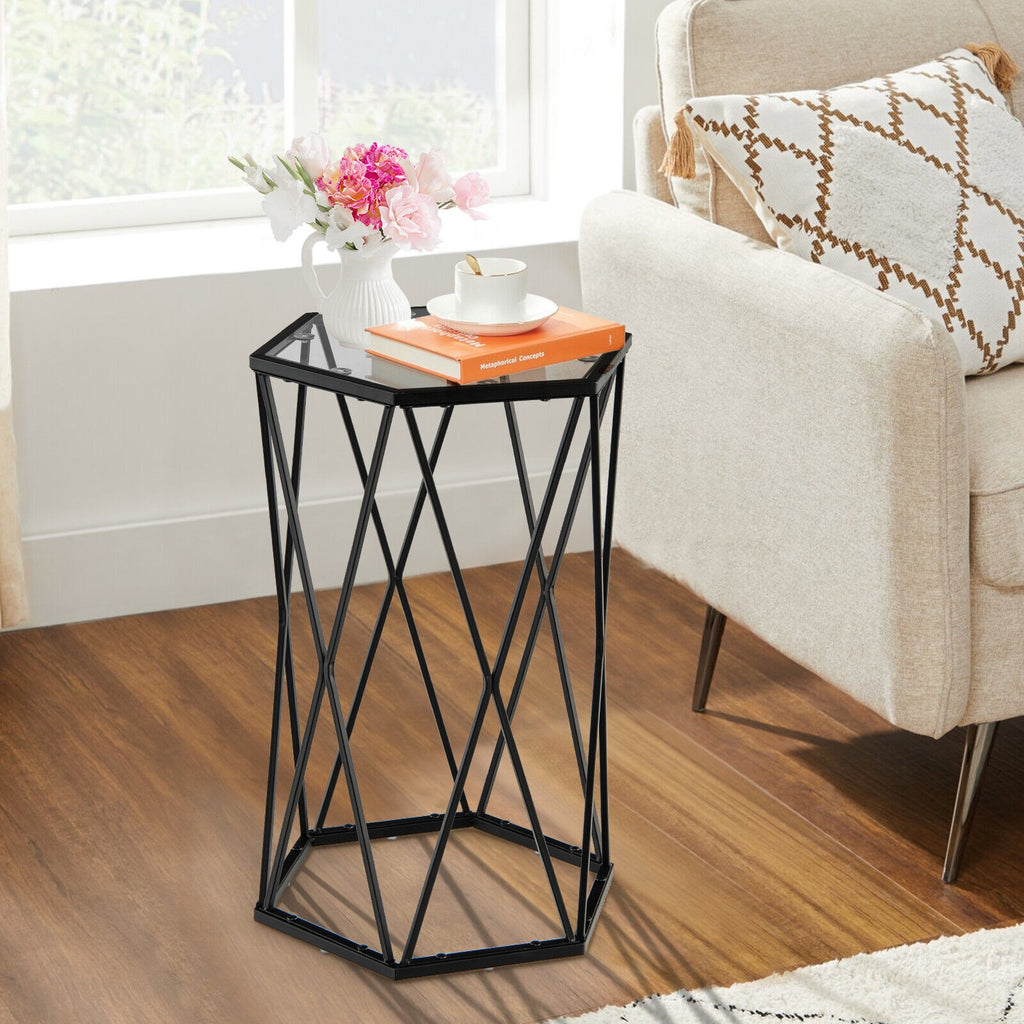Hexagonal Tempered Glass End Table with Metal Frame