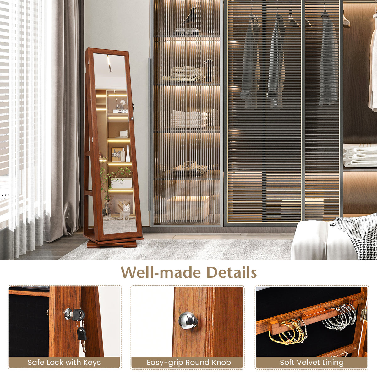 360° Rotating Jewelry Cabinet with Mirror - 3 Shelves, Brown