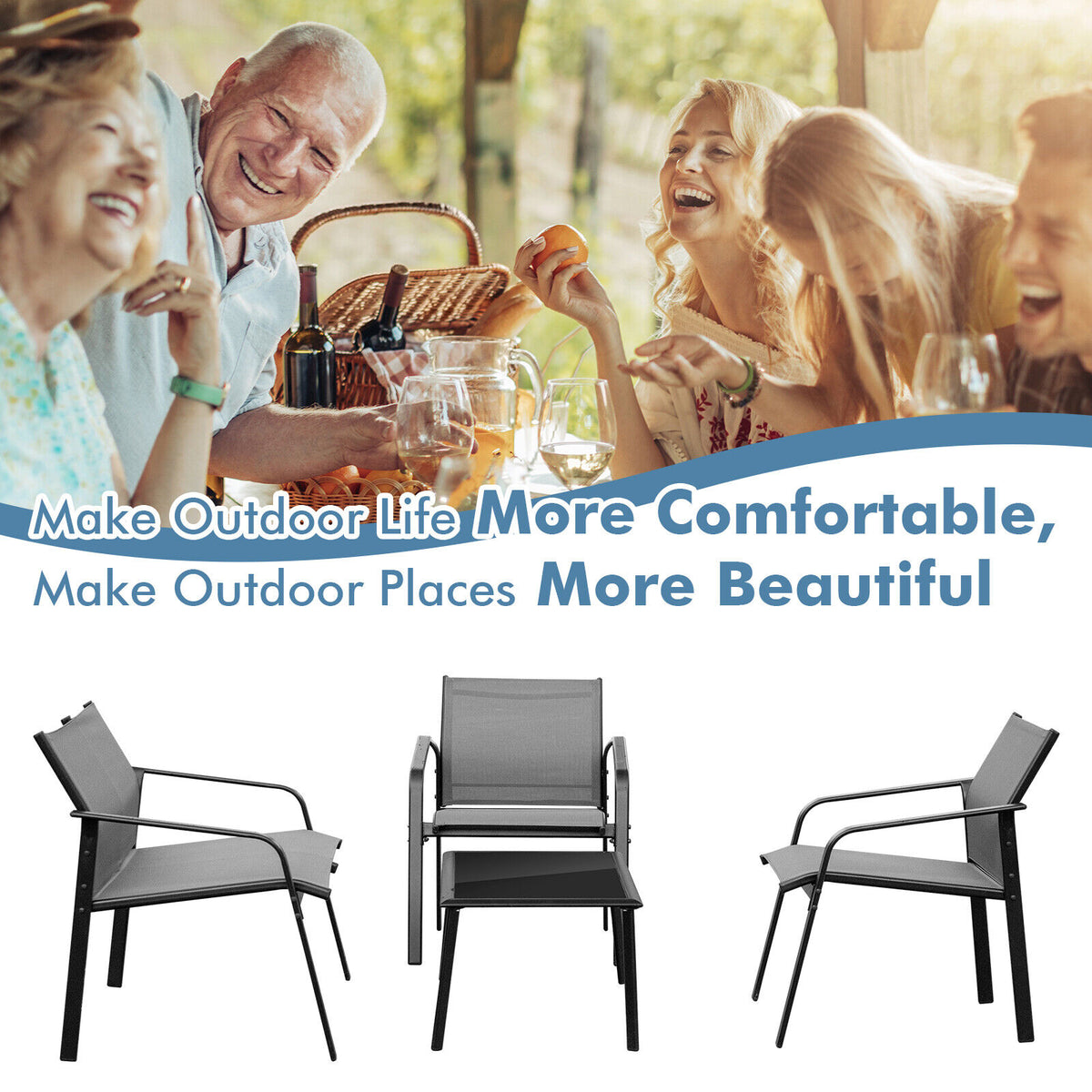 4-Piece Patio Furniture Set with Loveseat Sofas and Glass Table - Gray