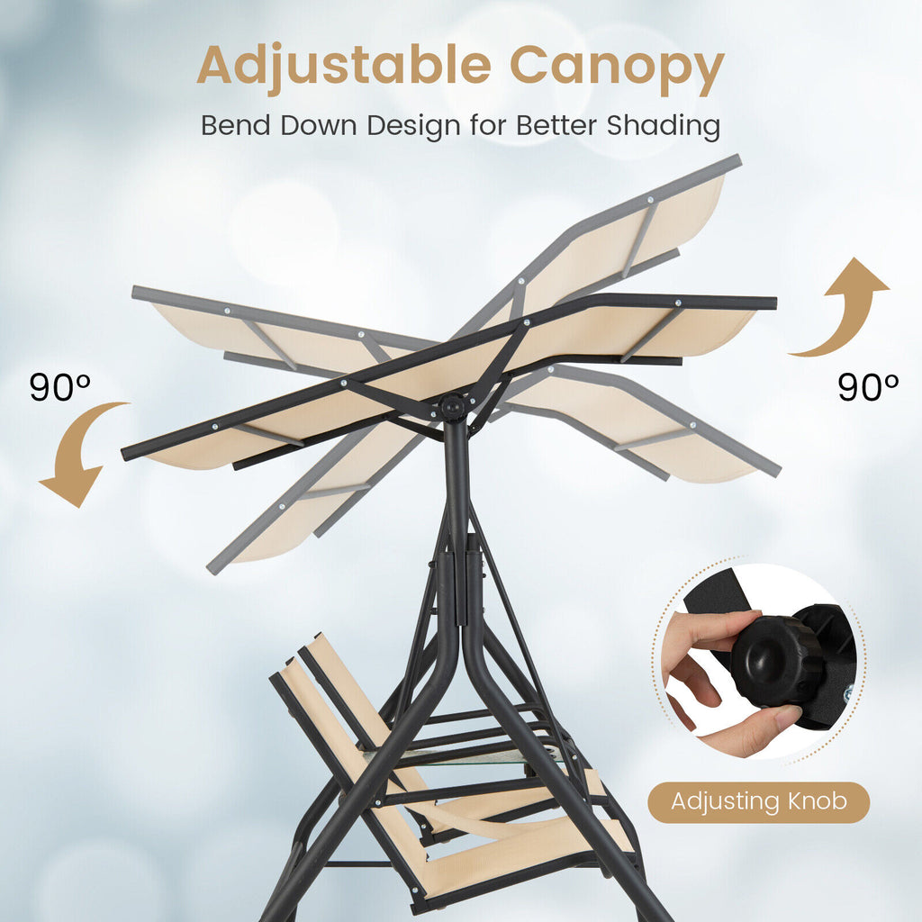 2-Seat Outdoor Cushioned Porch Swing with Adjustable Canopy and