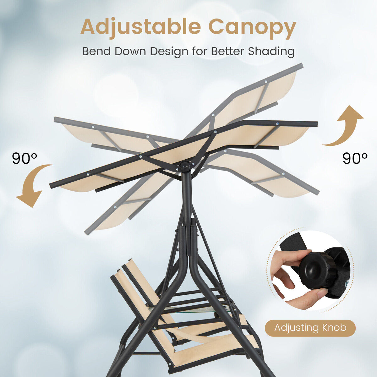 2-Seat Outdoor Cushioned Porch Swing with Adjustable Canopy and