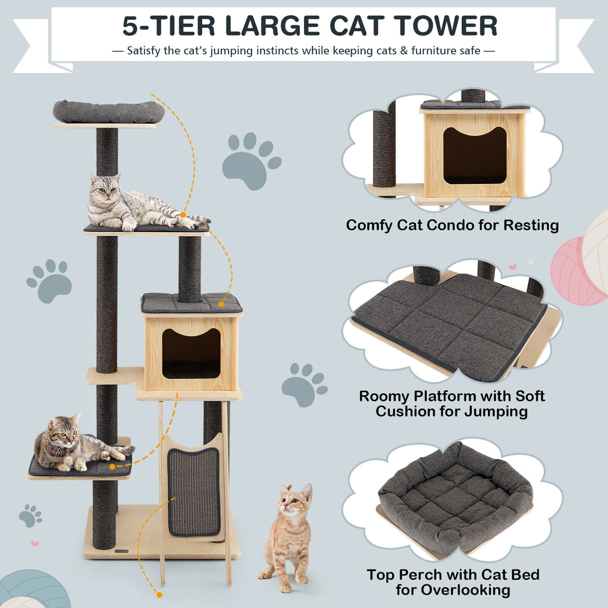 5-Tier Modern Wooden Cat Tower with Washable Cushions - Gray, 5-Layer