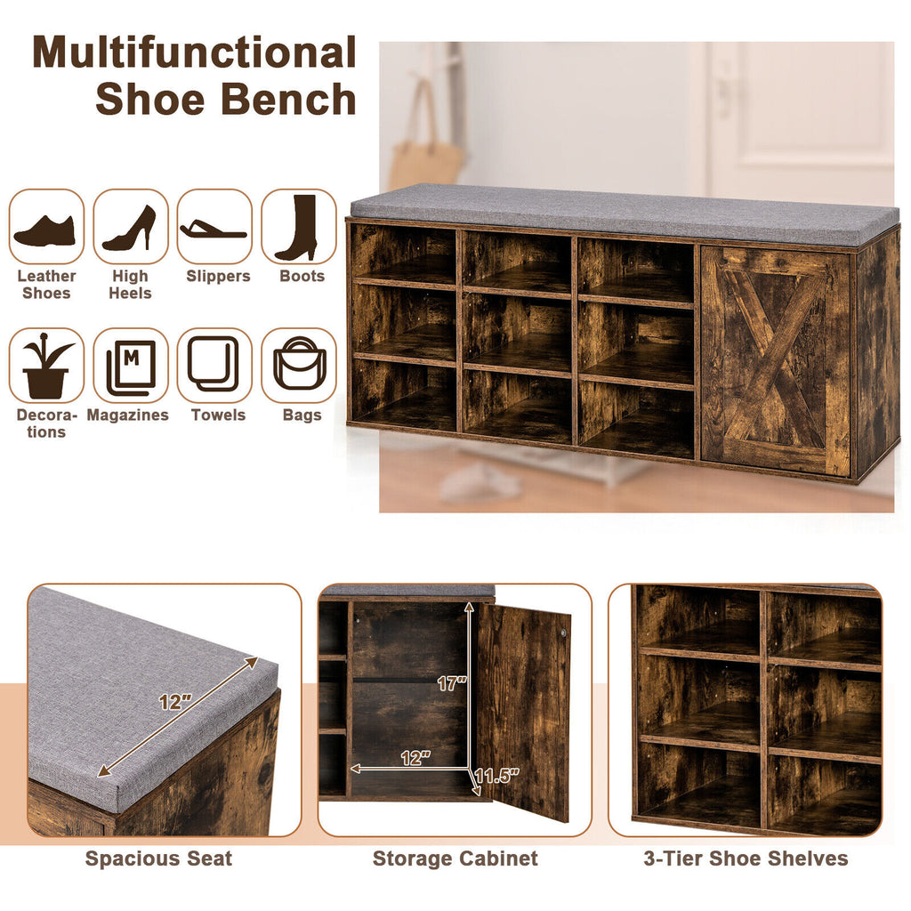 9-Cube Shoe Bench with Padded Cushion – Rustic Brown