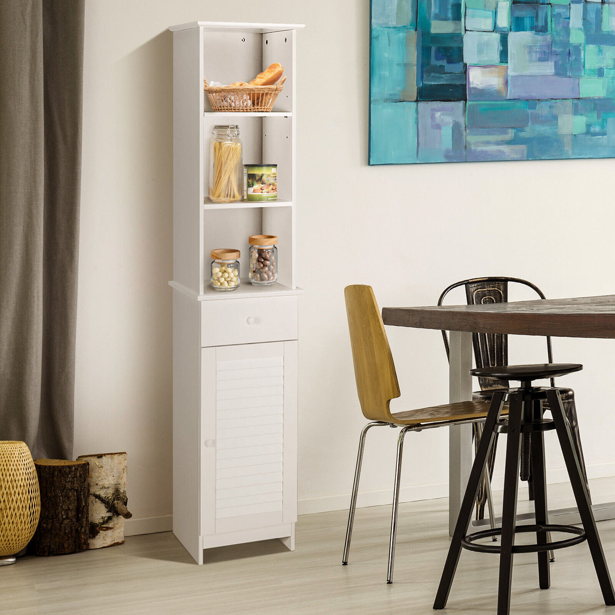 Bathroom Tall Freestanding Storage Cabinet with Open Shelves and